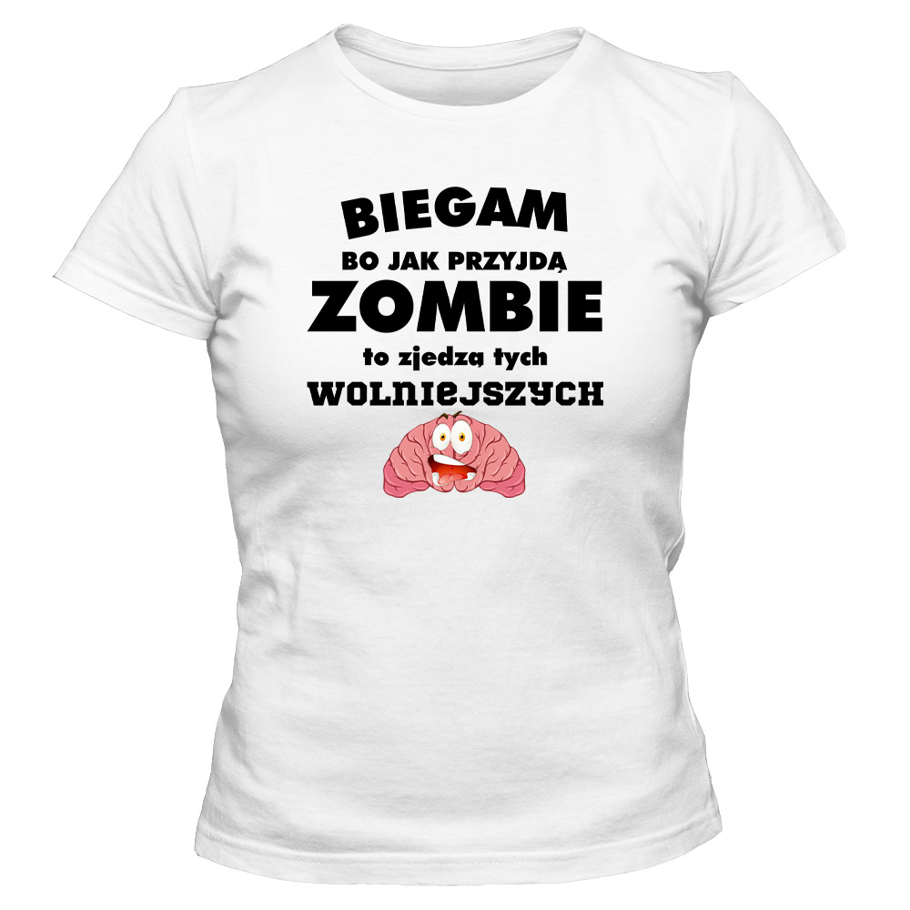 Koszulka damska Biegam bo jak przyjdą zombie, kolor biały