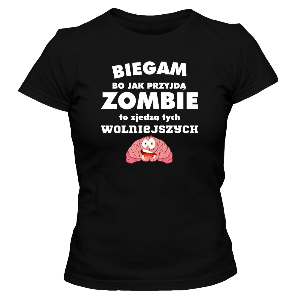 Koszulka damska Biegam bo jak przyjdą zombie, kolor czarny