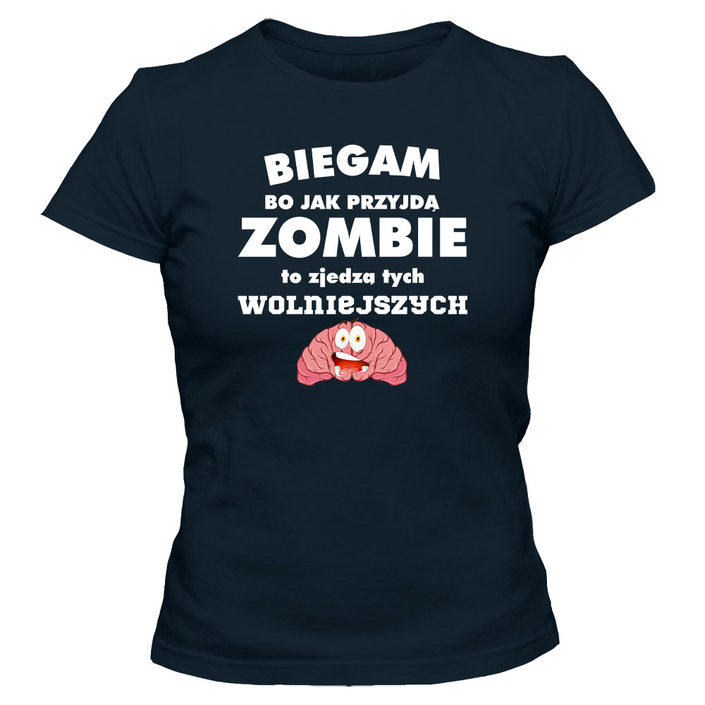Koszulka damska Biegam bo jak przyjdą zombie, kolor granatowy