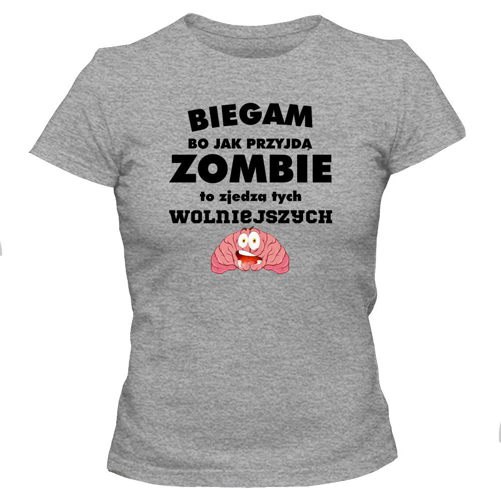Koszulka damska Biegam bo jak przyjdą zombie, kolor szary melanż
