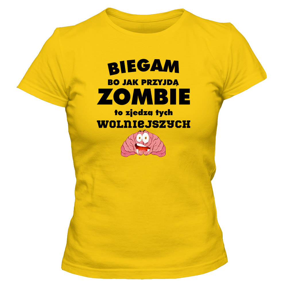 Koszulka damska Biegam bo jak przyjdą zombie, kolor żółty