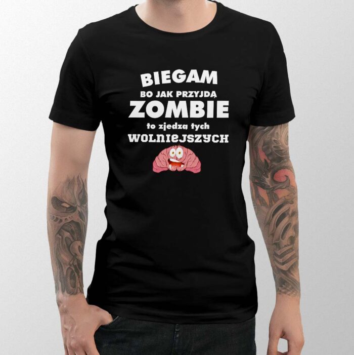 Koszulka męska Biegam bo jak przyjdą zombie, kolor biały