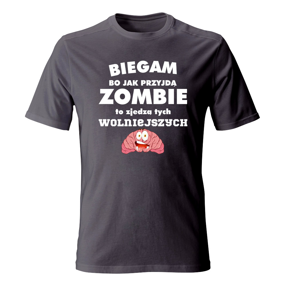 Koszulka męska Biegam bo jak przyjdą zombie, kolor grafitowy