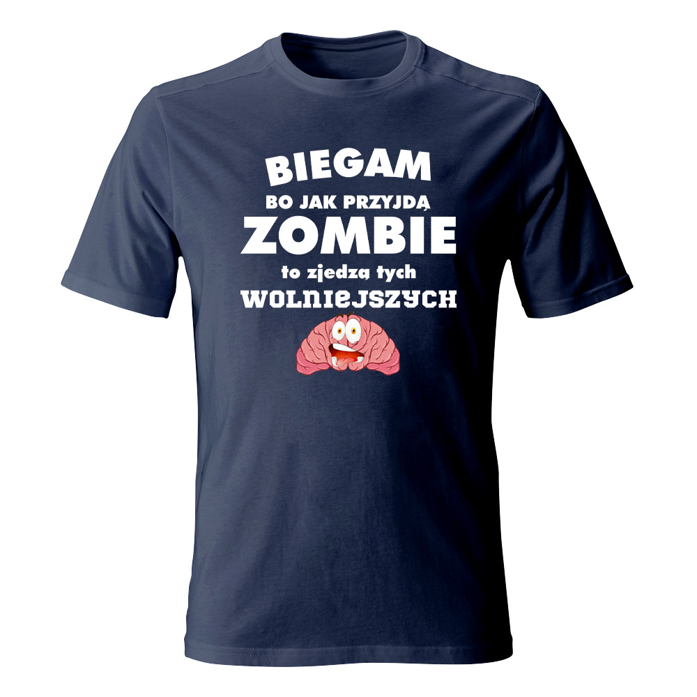 Koszulka męska Biegam bo jak przyjdą zombie, kolor granatowy
