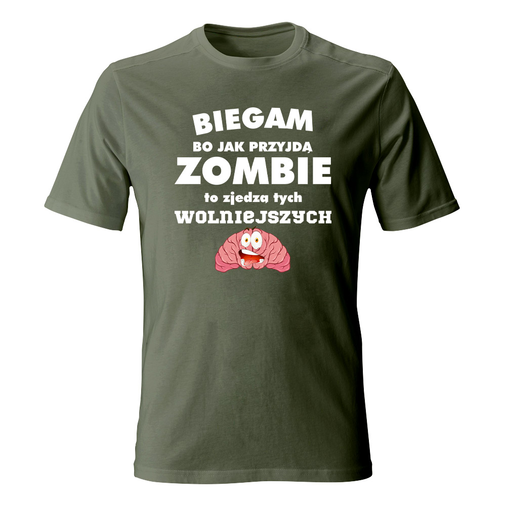 Koszulka męska Biegam bo jak przyjdą zombie, kolor zielony khaki