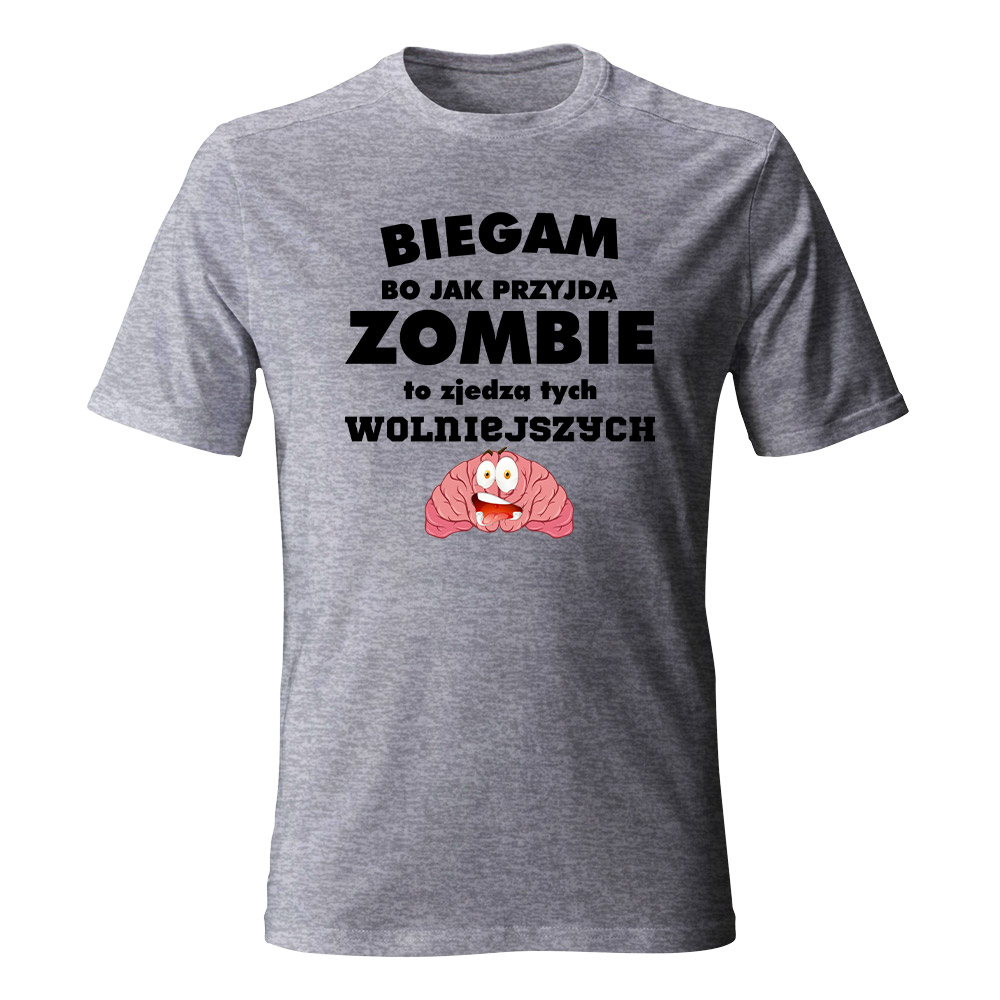 Koszulka męska Biegam bo jak przyjdą zombie, kolor szary melanż