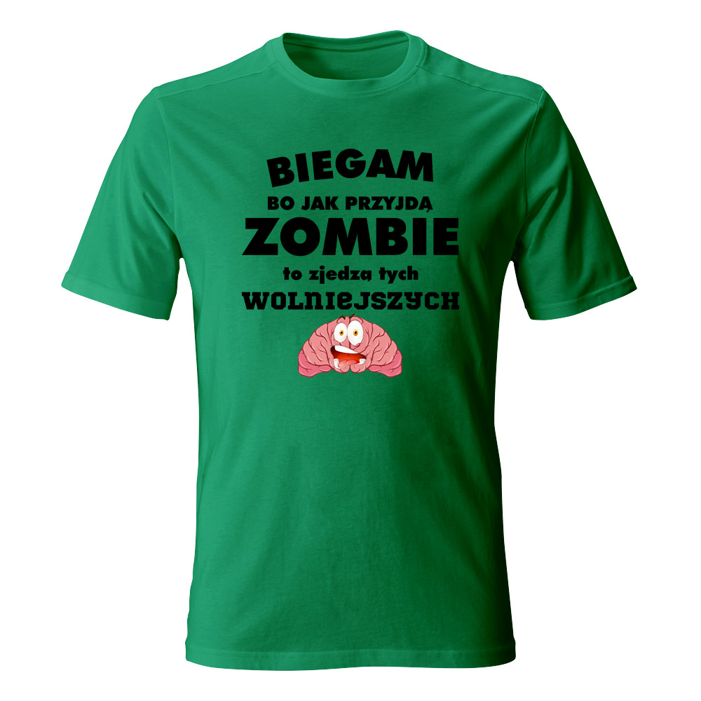 Koszulka męska Biegam bo jak przyjdą zombie, kolor zielony