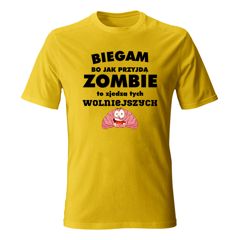Koszulka męska Biegam bo jak przyjdą zombie, kolor żółty