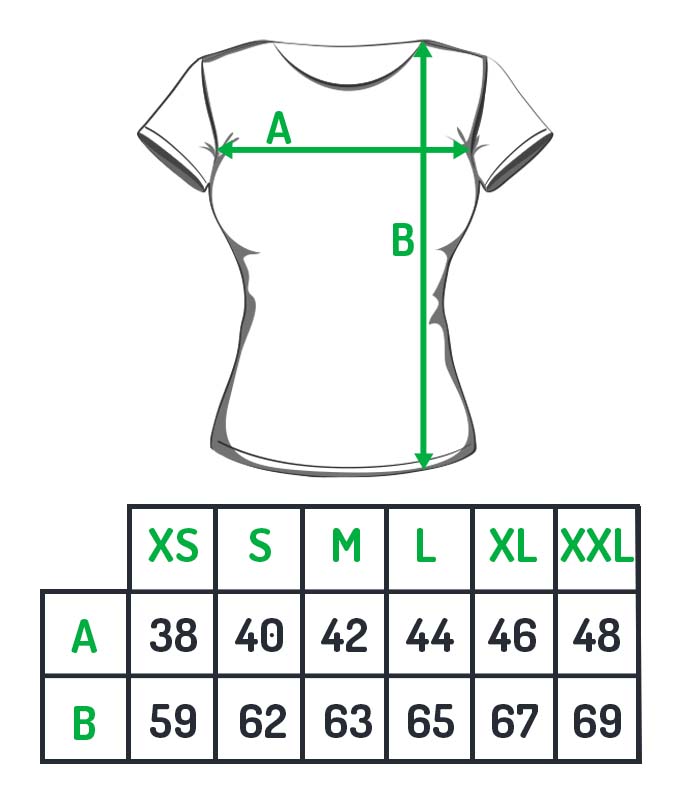 koszulka damska fullprint, tabela rozmiarów