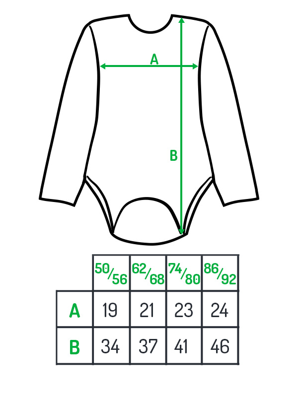 body dziecięce z długim rękawem, tabela rozmiarów