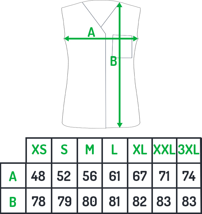 tunika damska rozpinana, bez rękawów, tabela rozmiarów