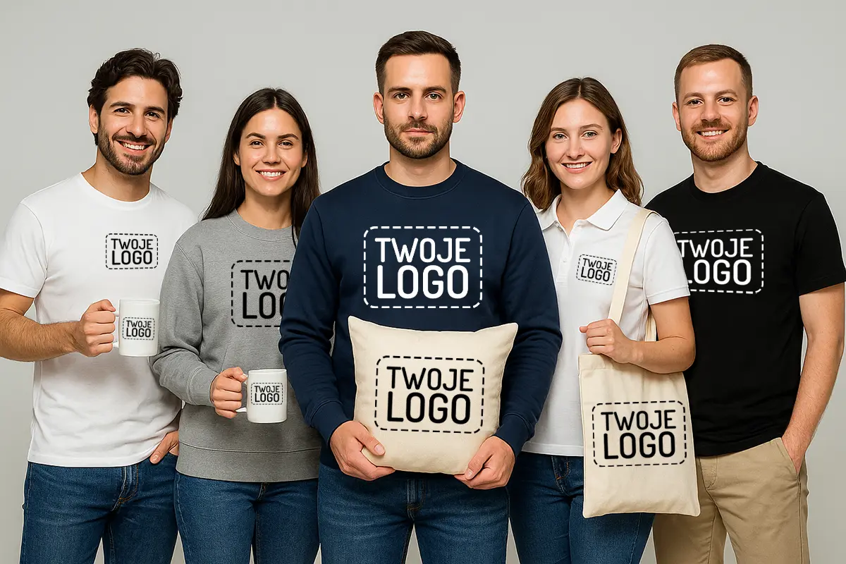 Zespół w odzieży firmowej z logo: koszulki, bluzy i polo; dwie osoby trzymają kubki, jedna poduszkę, jedna torbę.
