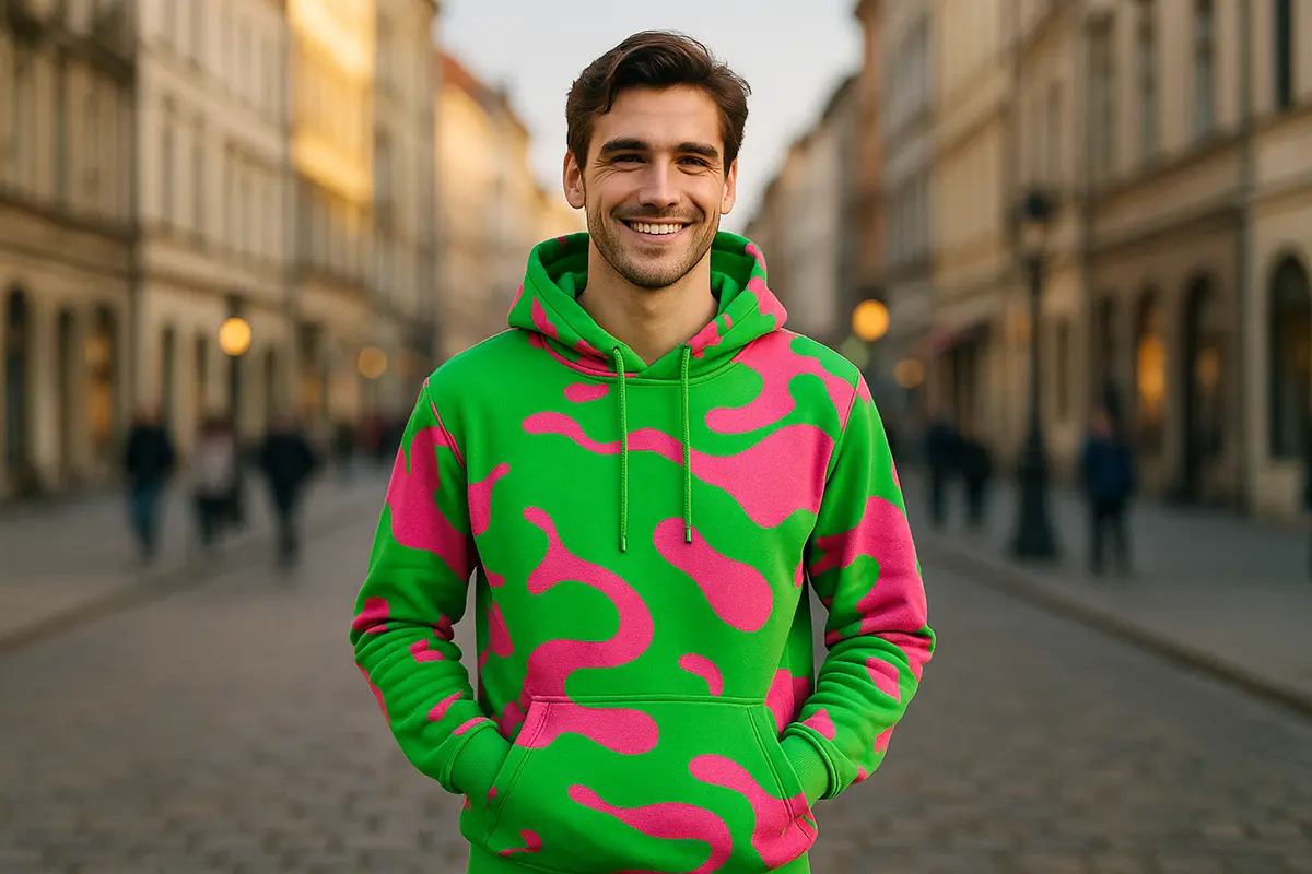 Osoba w unikatowej bluzie fullprint w miejskiej scenerii — personalizacja i wyrażenie własnego stylu.