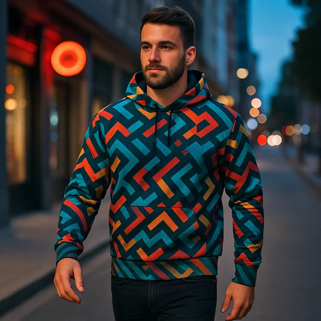 Mężczyzna z zarostem w bluzie FULLPRINT z własnym nadrukiem — geometryczny, kolorowy wzór na całej powierzchni, miejska ulica o zmierzchu,