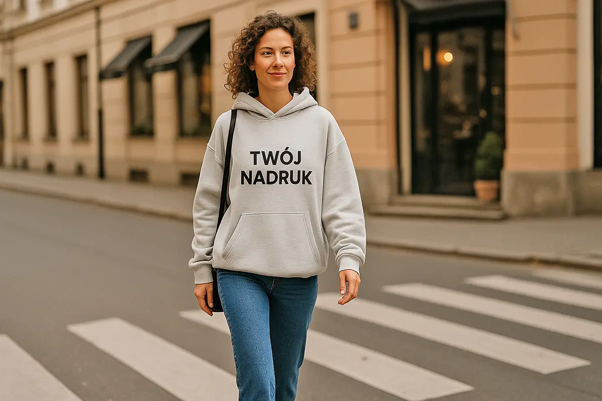 Kobieta w oversize’owej bluzie z kapturem z własnym nadrukiem — jeansy bootcut, miejska ulica; styl casual