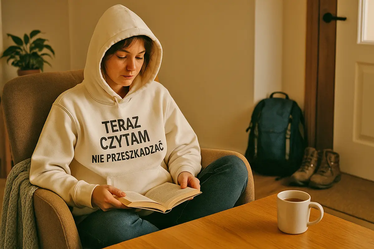 Kobieta w kremowej bluzie z kapturem z własnym nadrukiem „Teraz czytam — nie przeszkadzać” czyta książkę w domu; na stoliku kubek, w tle plecak i buty trekkingowe — komfort w domu i gotowość do wyjścia.