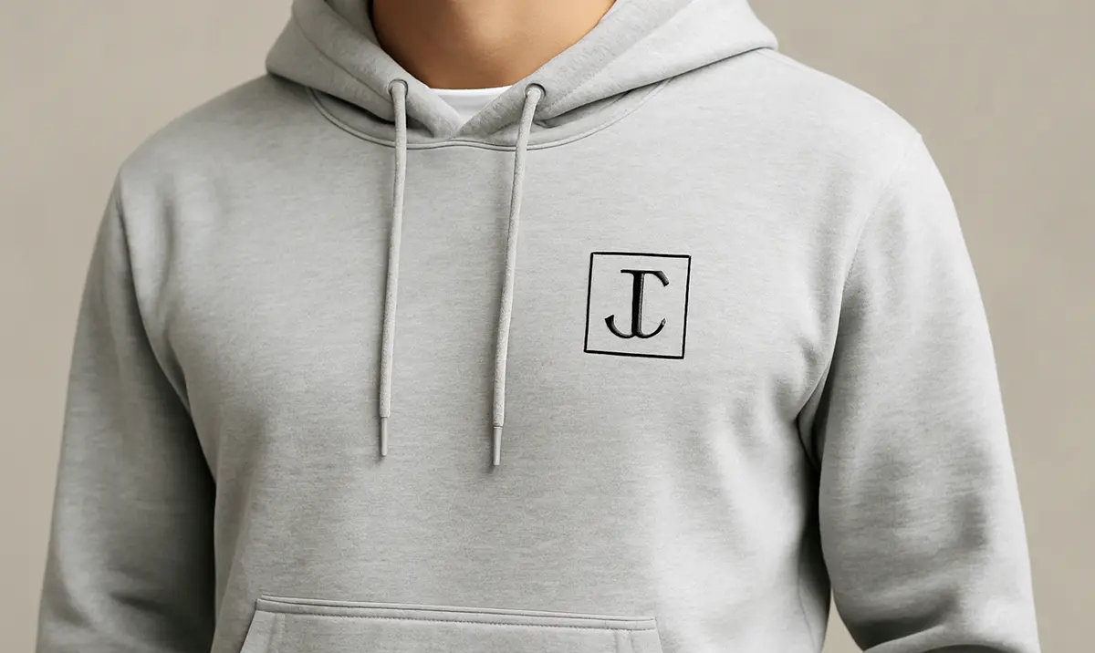 Szara bluza z kapturem z własnym nadrukiem — minimalistyczny monogram na sercu, kadr poziomy 16:9, zbliżenie na detal