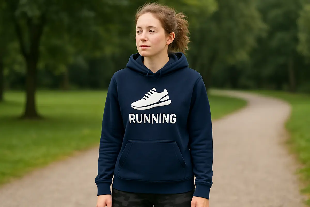 Bluza z kapturem z własnym nadrukiem ‘RUNNING’ i ikoną buta — intensywny wzór na granatowej bluzie, park w tle