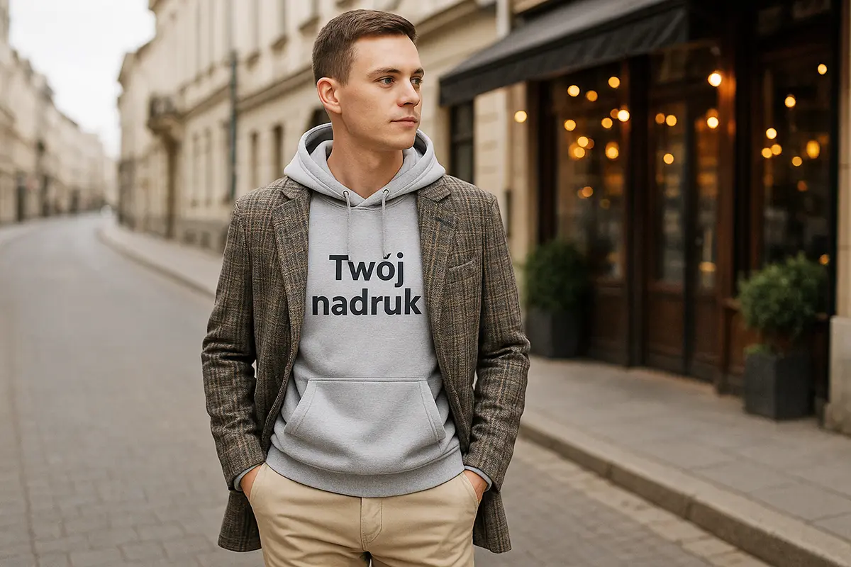 Mężczyzna bez zarostu w szarej bluzie z kapturem z własnym nadrukiem pod płaszczem w kratę, beżowe chinosy — miejski styl smart casual, kadr poziomy na ulicy z kawiarnią w tle