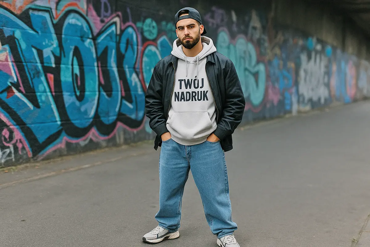 Mężczyzna w bluzie z kapturem z własnym nadrukiem na tle ściany z graffiti — baggy jeans, bomberka, masywne sneakersy; klimat streetwear.