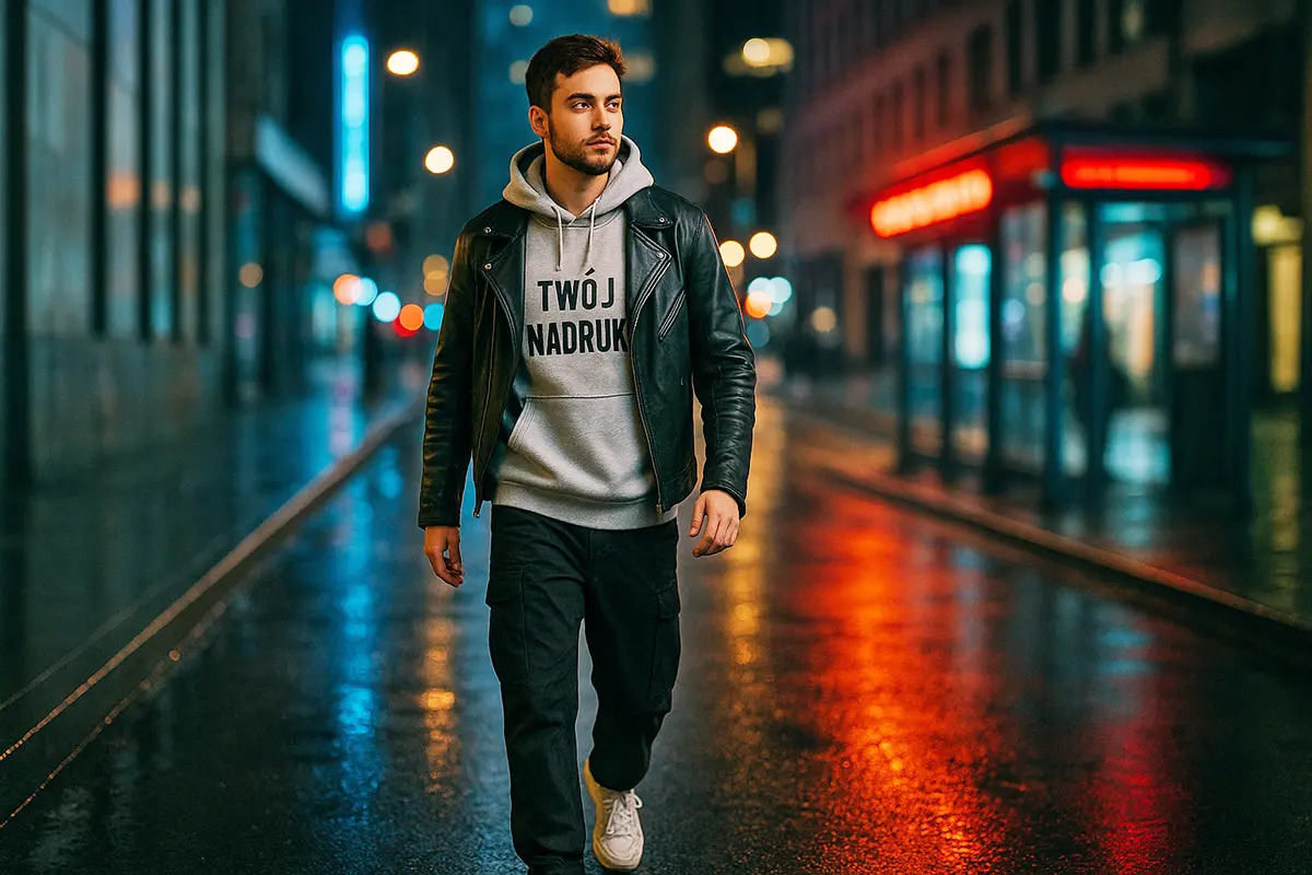 Streetwearowa bluza z kapturem z własnym nadrukiem — mężczyzna w ramonesce, spodnie cargo i sneakersy, nocne miasto, nadruk na pierwszym planie.