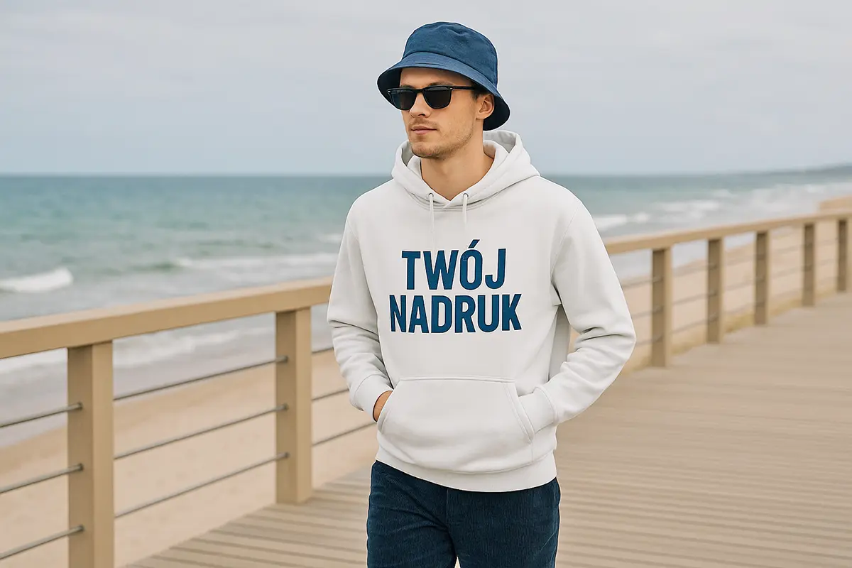Mężczyzna w białej bluzie z kapturem z własnym nadrukiem, granatowe szorty i bucket hat; deptak nad morzem, letni marynarski vibe.
