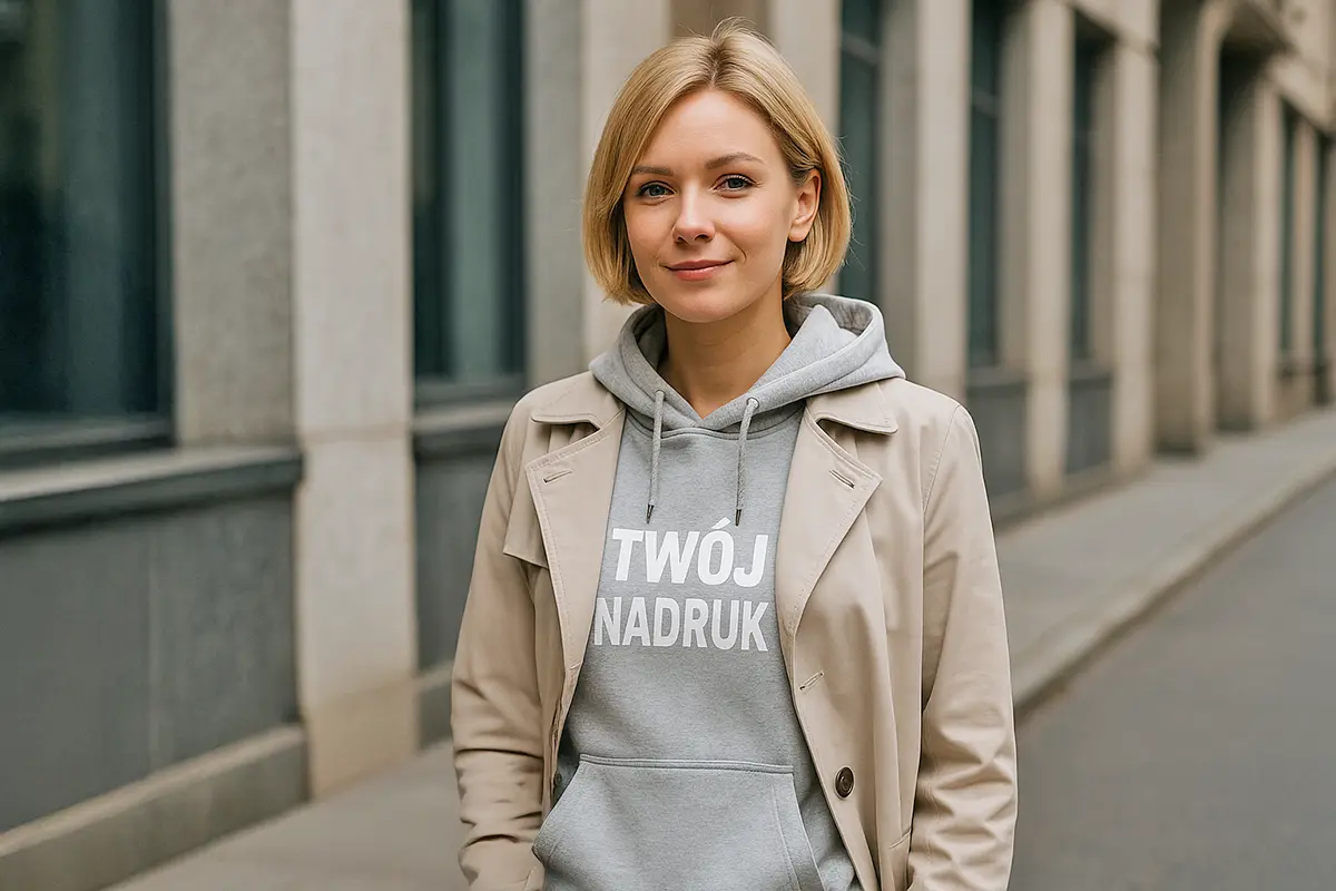 Blondynka z krótkimi włosami w szarej bluzie z kapturem z dużym napisem „TWÓJ NADRUK” pod beżowym trenczem; miejska ulica, bez żadnych akcesoriów w dłoniach, kadr 16:9
