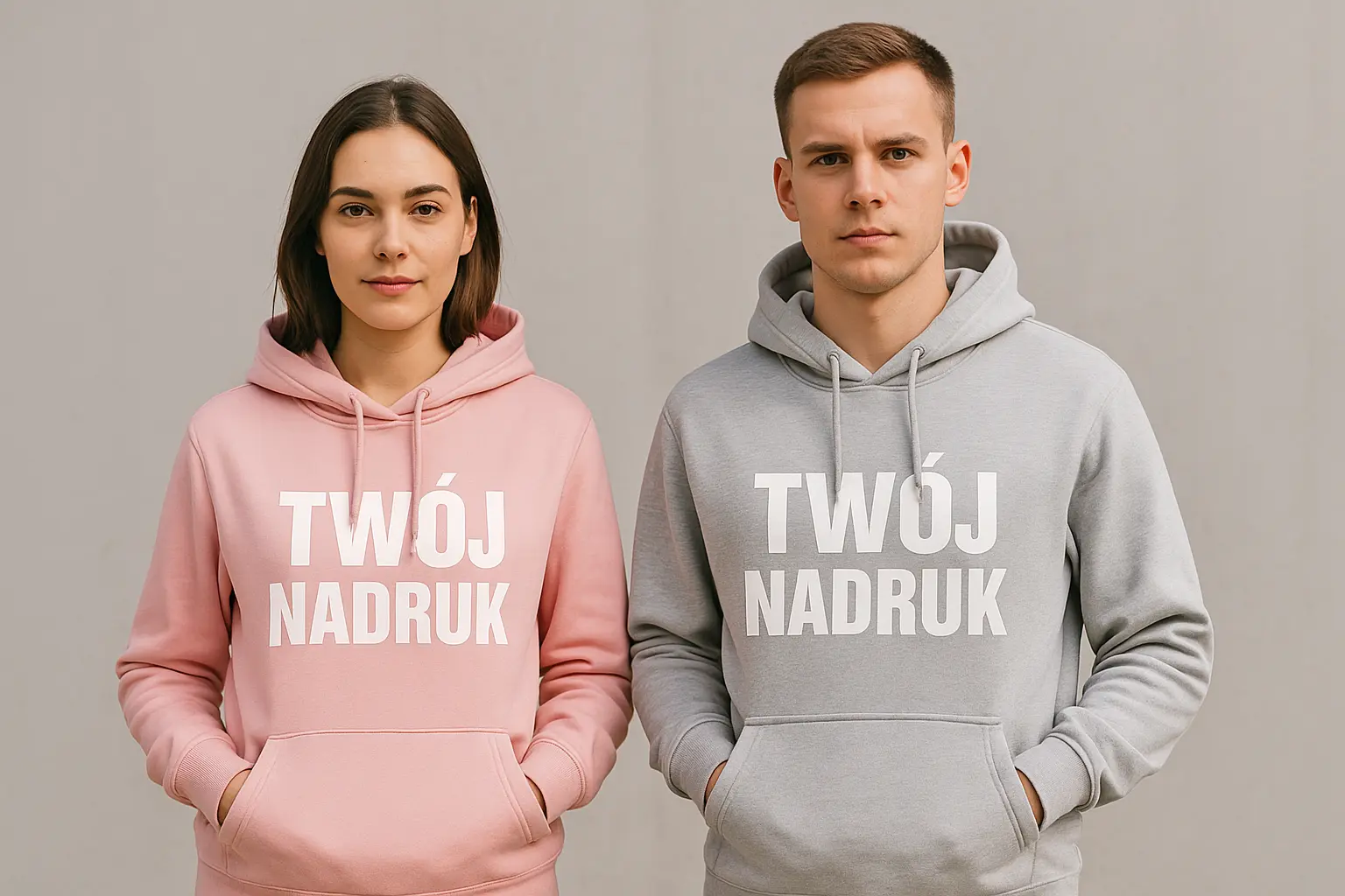 kobieta i mężczyzna w bluzach z kapturem z dużym napisem „TWÓJ NADRUK” — różowa i szara bluza, neutralne tło