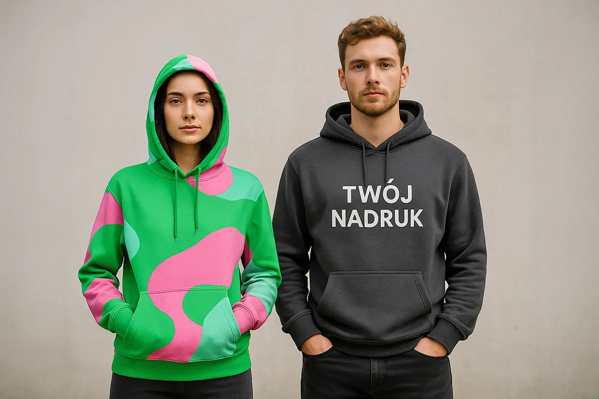 Para w bluzach z własnym nadrukiem na tle jasnej betonowej ściany — damska bluza fullprint (zieleń/róż), męska czarna z napisem „TWÓJ NADRUK”.