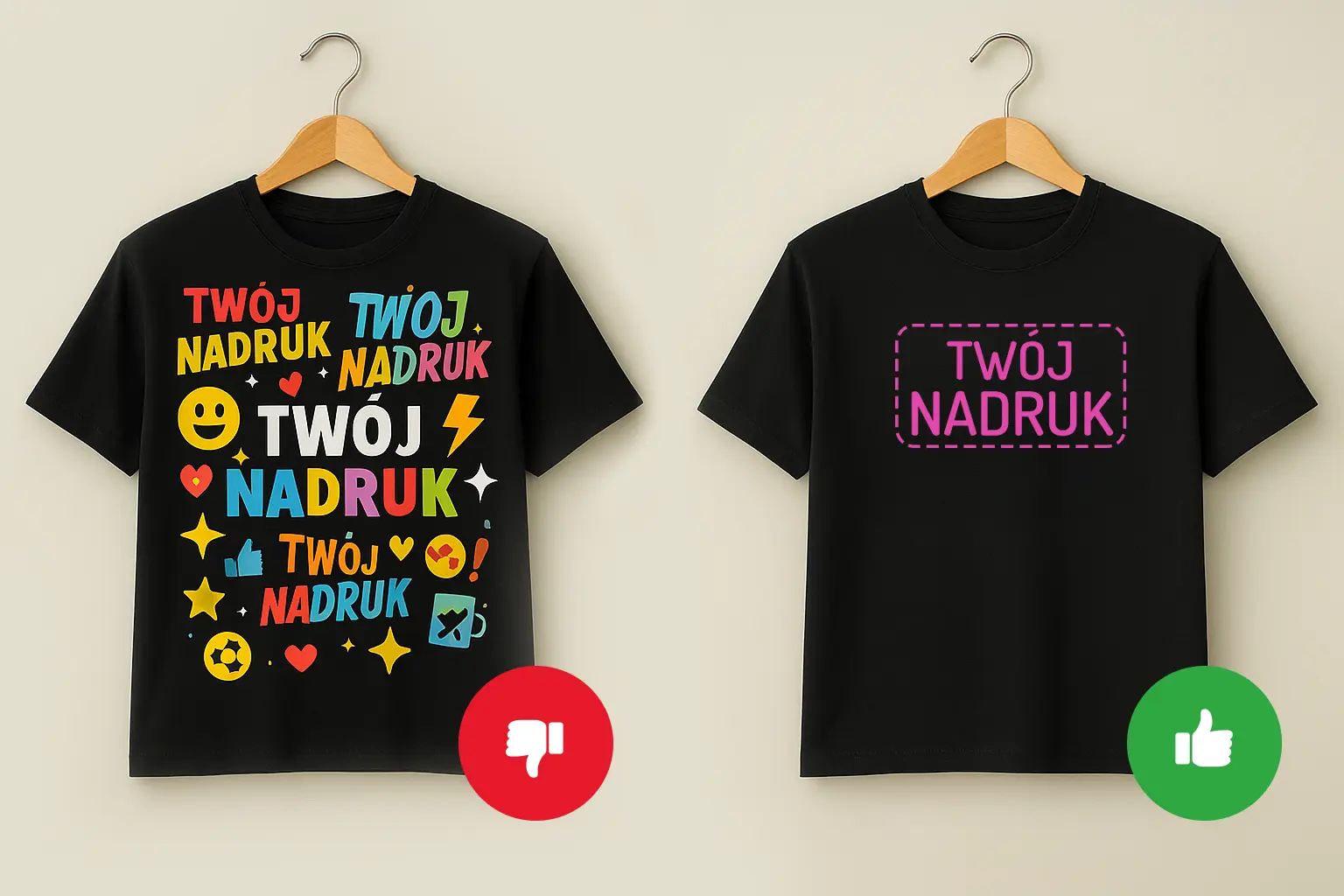 Porównanie projektu koszulki: chaos (wiele fontów i kolorów) vs minimal (jeden krój, czytelny napis) — zasada złotego środka w projekcie koszulki z własnym nadrukiem.