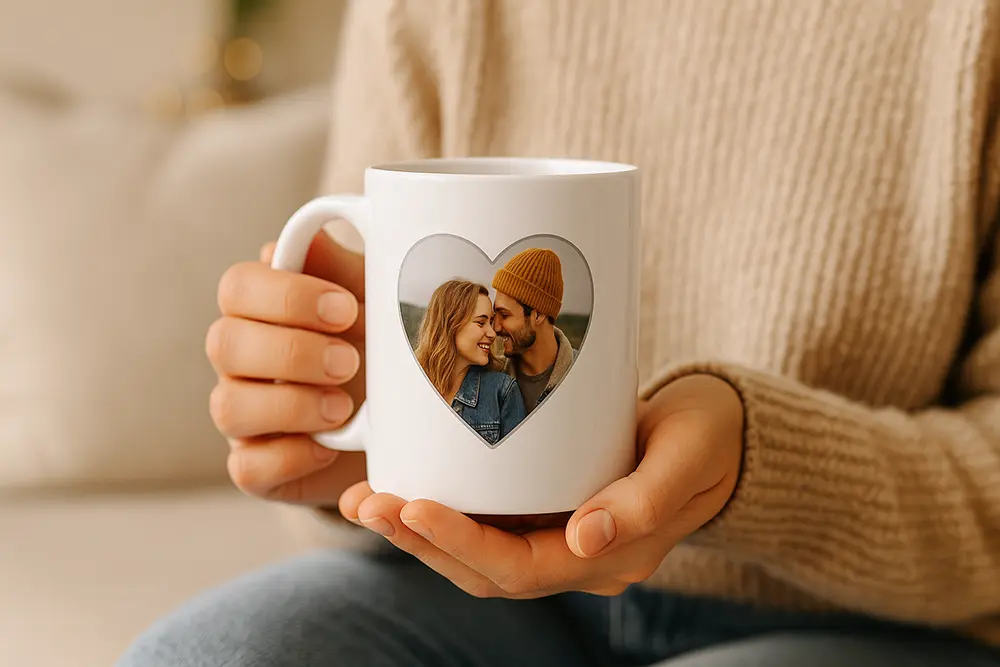 Osoba trzyma kubek z własnym nadrukiem — prezent na urodziny w domowej scenerii.