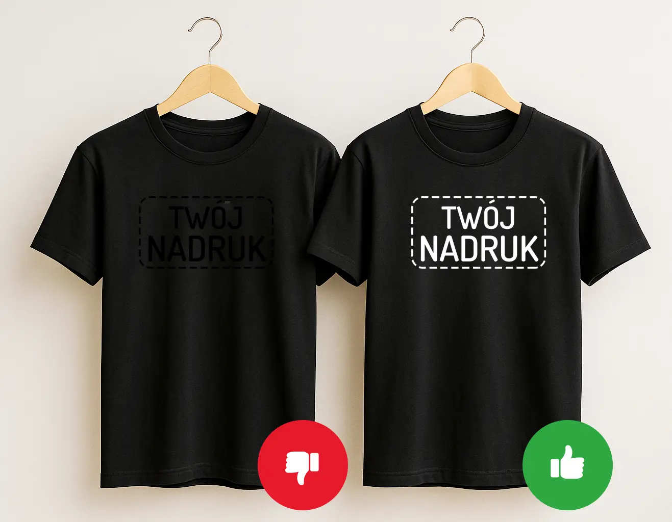 Dwa czarne T-shirty na wieszakach: po lewej ciemny napis ginie na czarnym tle (błąd), po prawej biały napis jest wyraźny — prawidłowy dobór koloru nadruku do koloru koszulki z własnym nadrukiem.