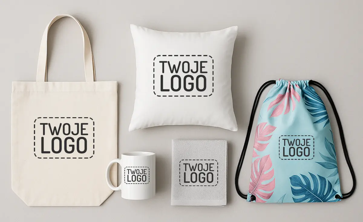 Gadżety z logo dla firm: torba bawełniana, kubek, poduszka, ręcznik i worek fullprint.