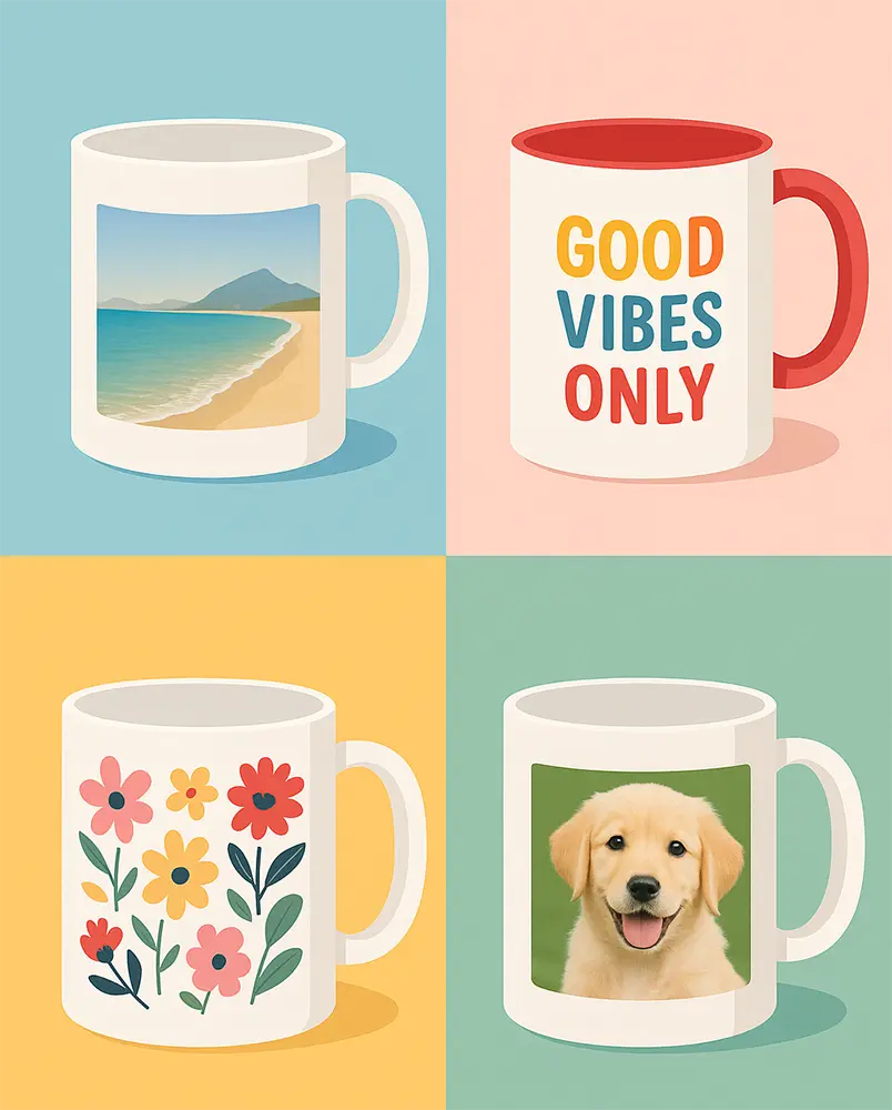 Kolaż nadruków na kubek: zdjęcie z wakacji, cytat, wzór kwiatowy, zdjęcie psa