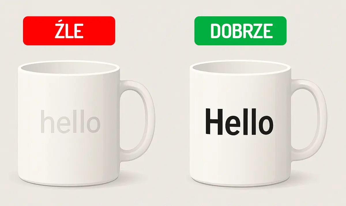 Niski vs wysoki kontrast napisu na kubku z własnym nadrukiem: po lewej jasne, mało czytelne ‘hello’, po prawej czarne ‘Hello’ — dwa identyczne kubki (ZŁE/DOBRE).”