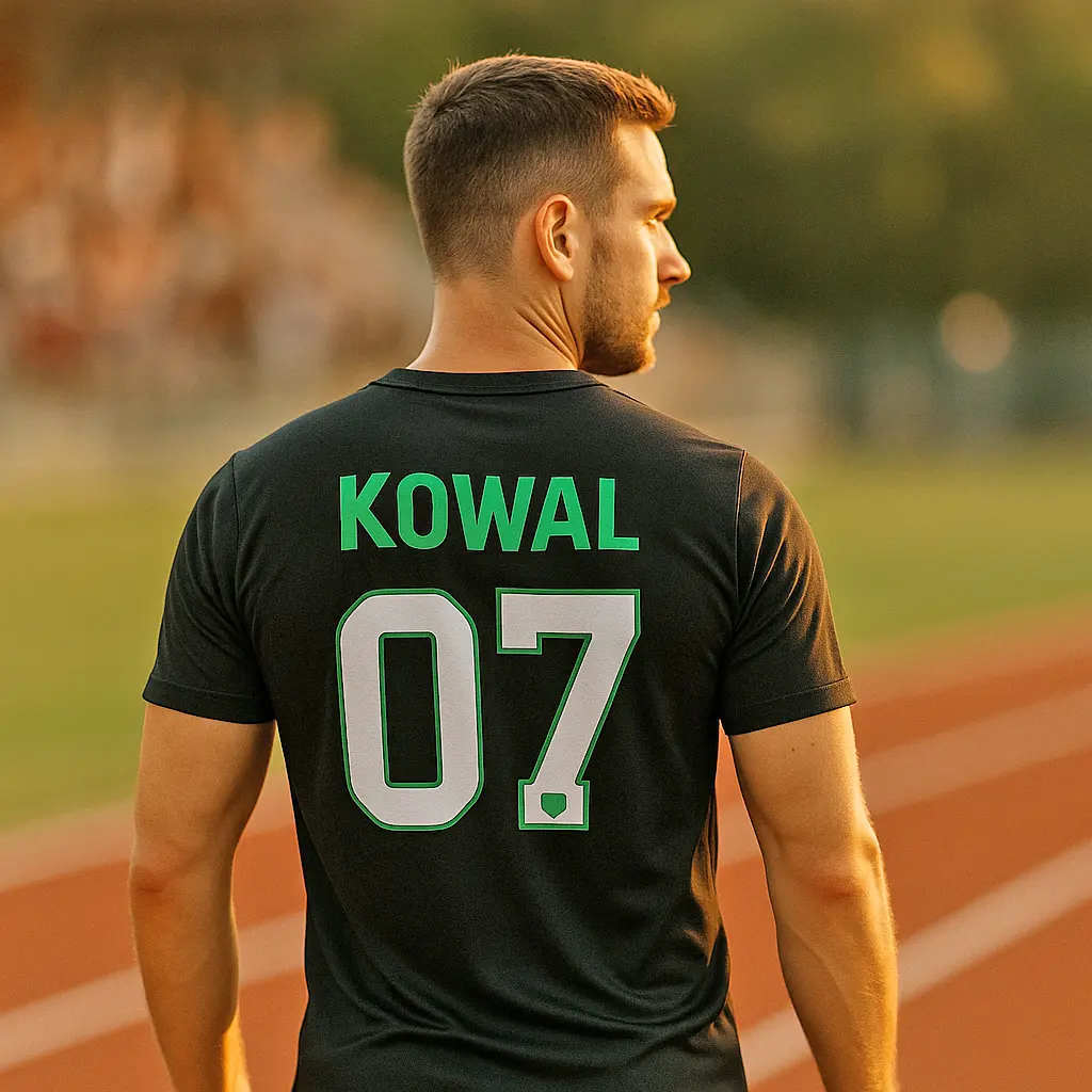 Koszulka sportowa z własnym nadrukiem — duży numer „07” i ksywka na plecach, bieżnia stadionu.