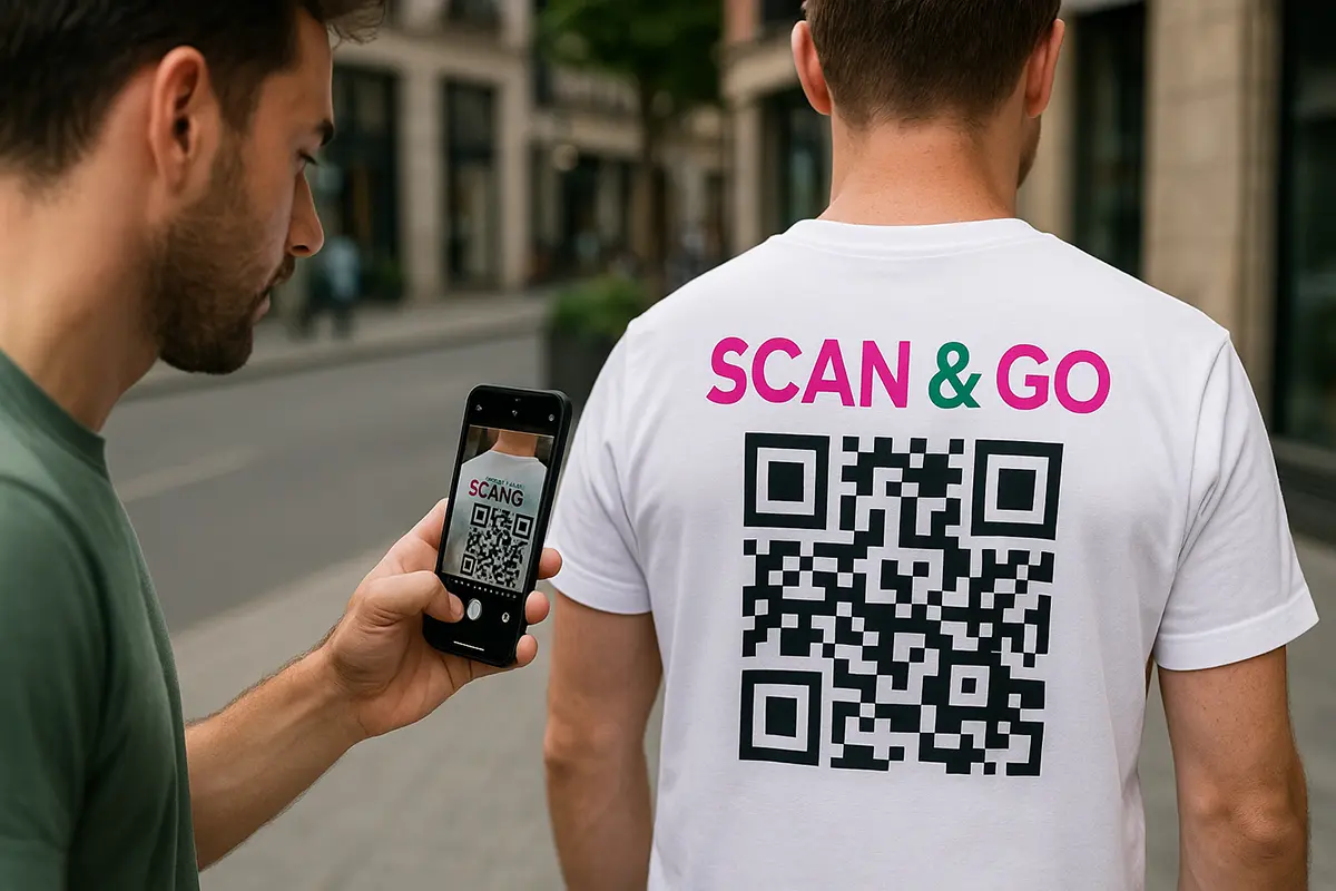 Osoba skanuje telefonem duży kod QR z pleców koszulki z własnym nadrukiem; nad kodem napis „SCAN & GO”.