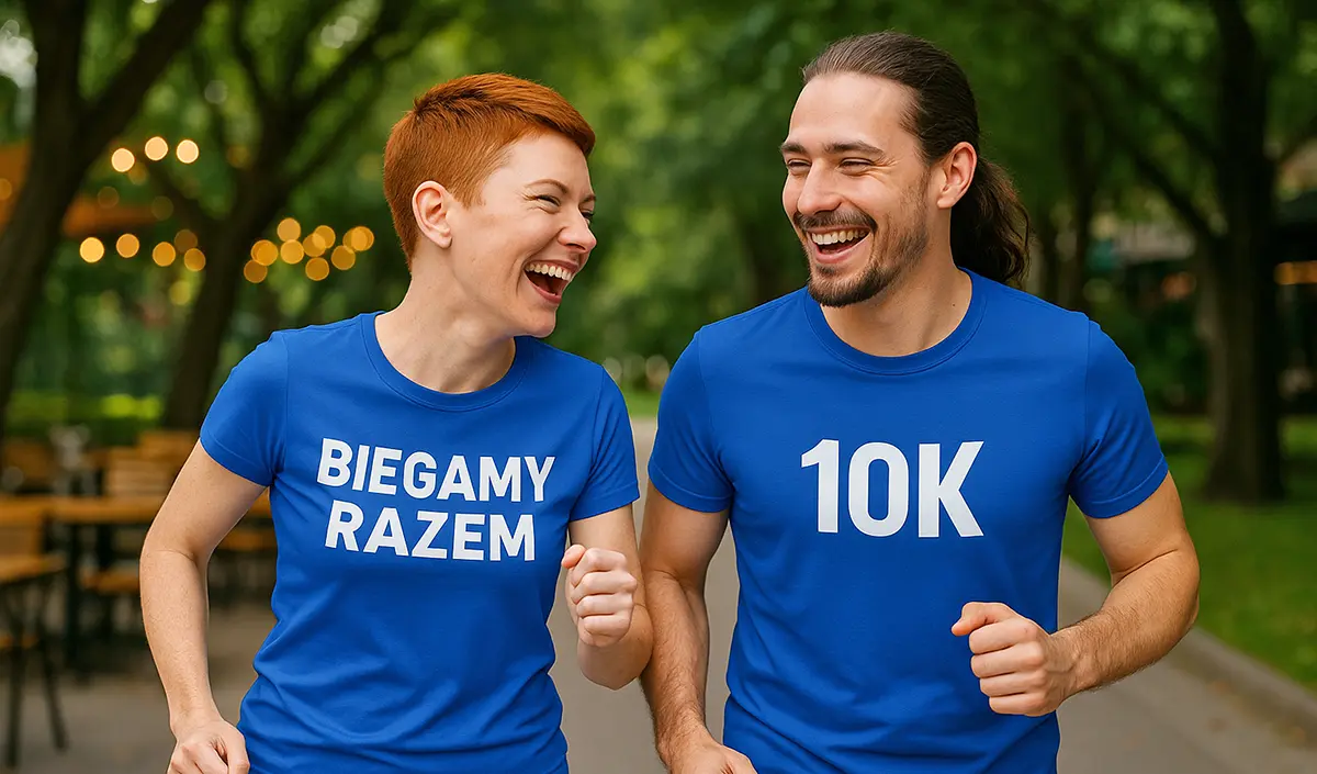 Para podczas biegu: ona ruda z krótką fryzurą „męską” w koszulce „Biegamy razem”, on z długimi włosami w kucyku w koszulce „10K” — sportowe koszulki dla par z własnym nadrukiem.