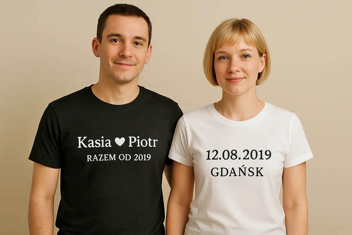 Para w personalizowanych koszulkach dla par: on bez zarostu w czarnej koszulce „Kasia ♥ Piotr – Razem od 2019”, ona blond z krótkimi włosami w białej koszulce „12.08.2019 – Gdańsk”