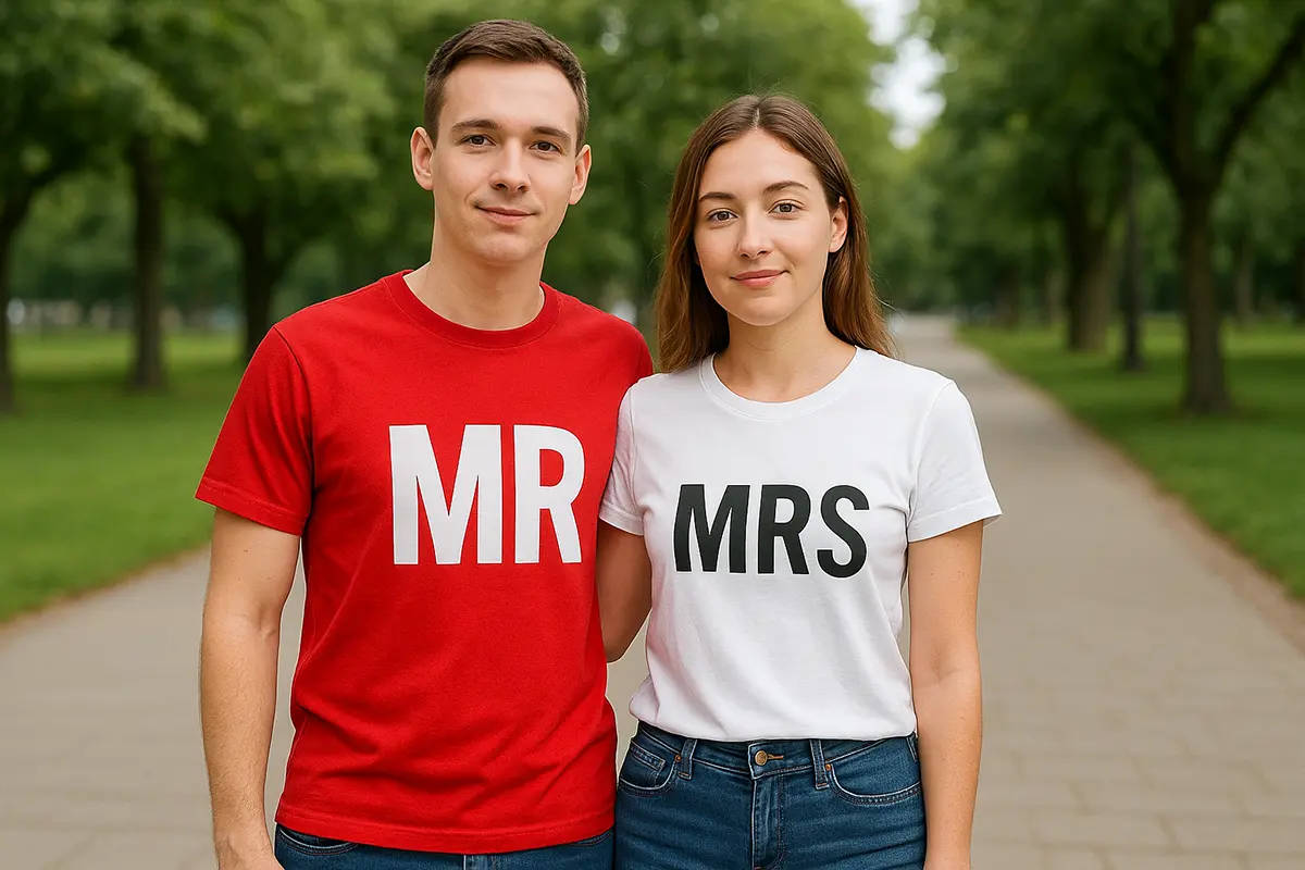 Para w koszulkach MR i MRS: on w czerwonej koszulce, ona w białej — klasyczne koszulki dla par z nadrukiem, ujęcie poziome w plenerze.
