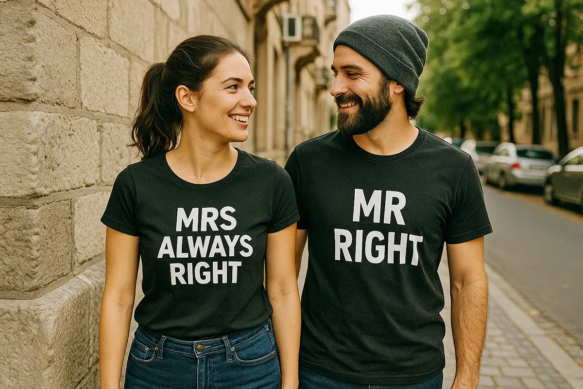 Para idąca w plenerze przy kamiennej ścianie; koszulki z nadrukiem „MR RIGHT” i „MRS ALWAYS RIGHT” — humorystyczne matching T-shirts, ujęcie poziome