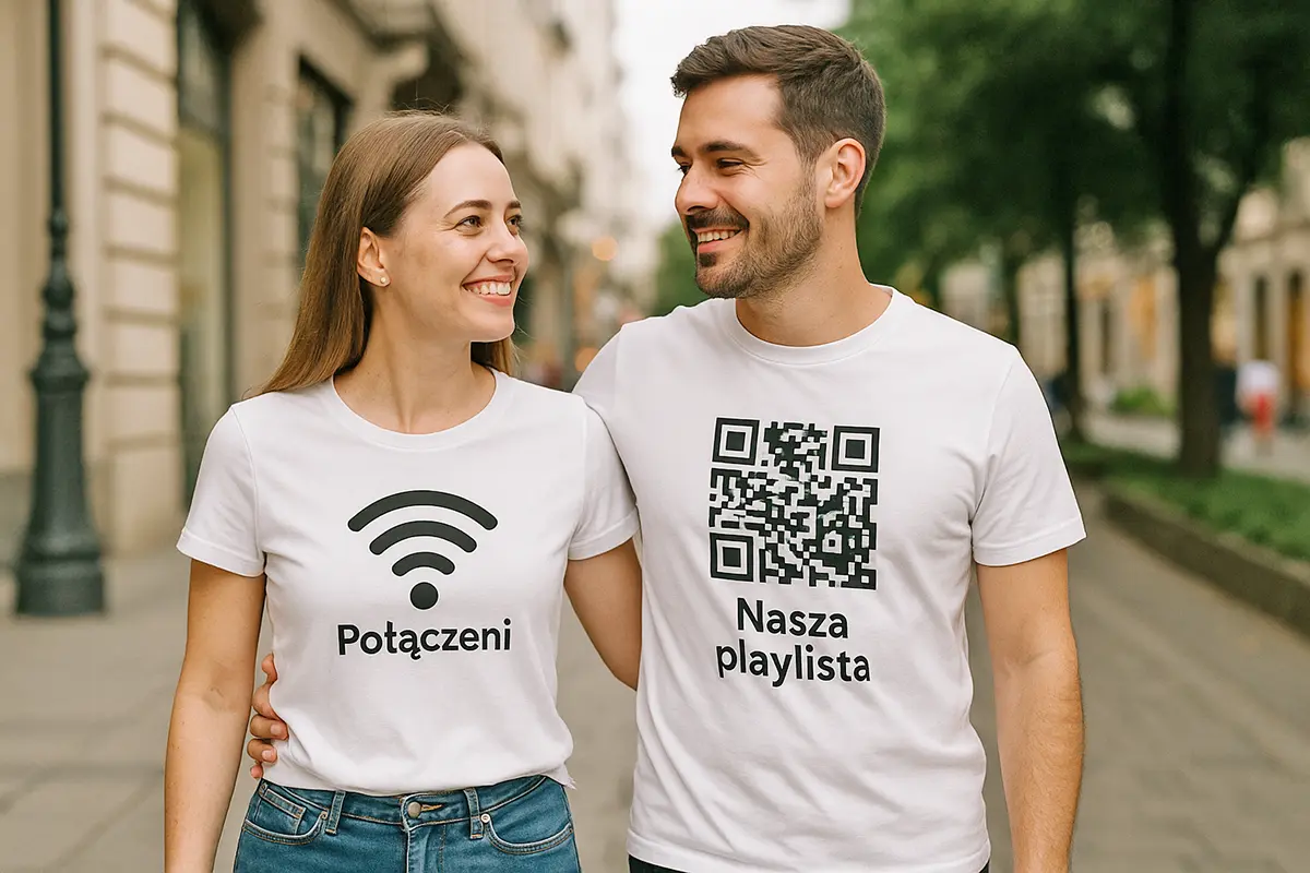 Para na ulicy w białych koszulkach dla par: nadruk Wi-Fi z napisem „Połączeni” oraz kod QR z napisem „Nasza playlista” — koszulki z własnym nadrukiem, kreator online