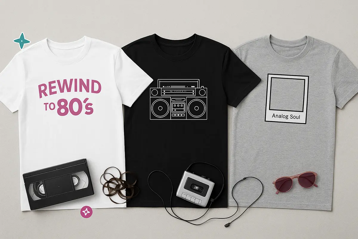 Widok trzech koszulek retro z własnym nadrukiem: biała „REWIND TO 80’s”, czarna z boomboxem (line-art) i szary melanż z ramką Polaroid; obok kaseta VHS i walkman.