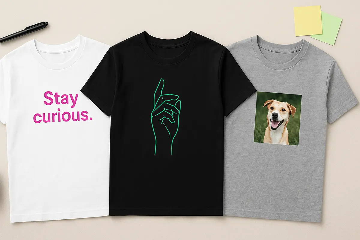 Widok trzech koszulek z własnym nadrukiem: cytat, grafika line-art i zdjęcie — przykłady kreatywnych projektów
