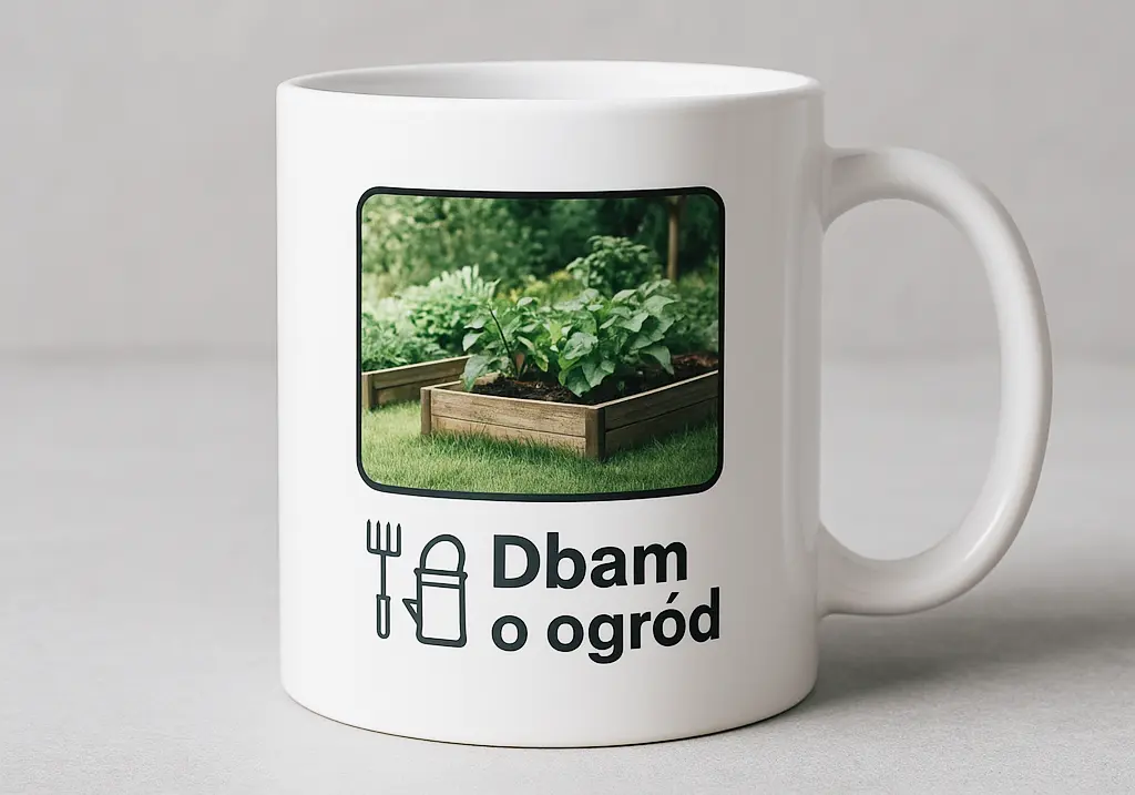 Personalizowany kubek — zdjęcie ogrodu w ramce, ikonki narzędzi i napis ‘Dbam o ogród’.