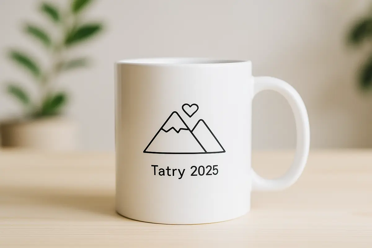 Kubek z minimalistycznym line-artem gór i napisem „Tatry 2025” — czytelna, elegancka grafika na kubek z nadrukiem.