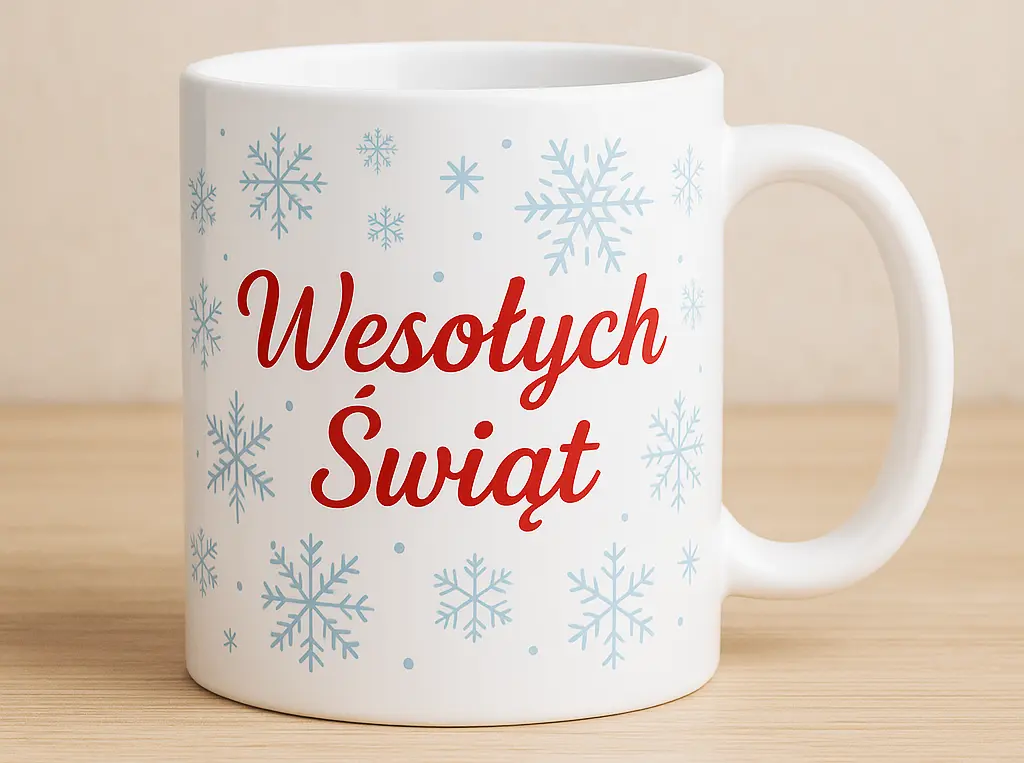 Świąteczny kubek z nadrukiem — czerwony napis ‘Wesołych Świąt’ i jasnoniebieskie śnieżynki.