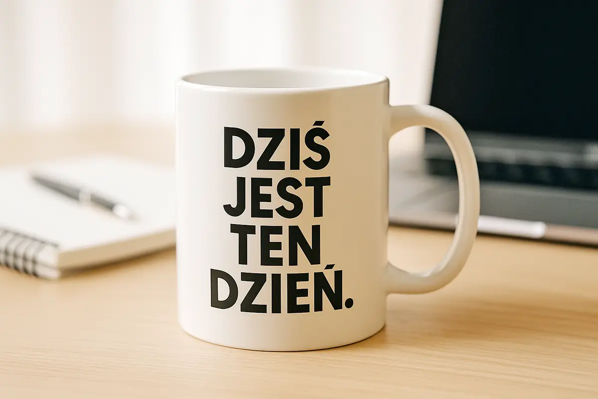 Biały kubek z czarnym napisem „Dziś jest ten dzień” — motywacyjny kubek z własnym nadrukiem na biurko.