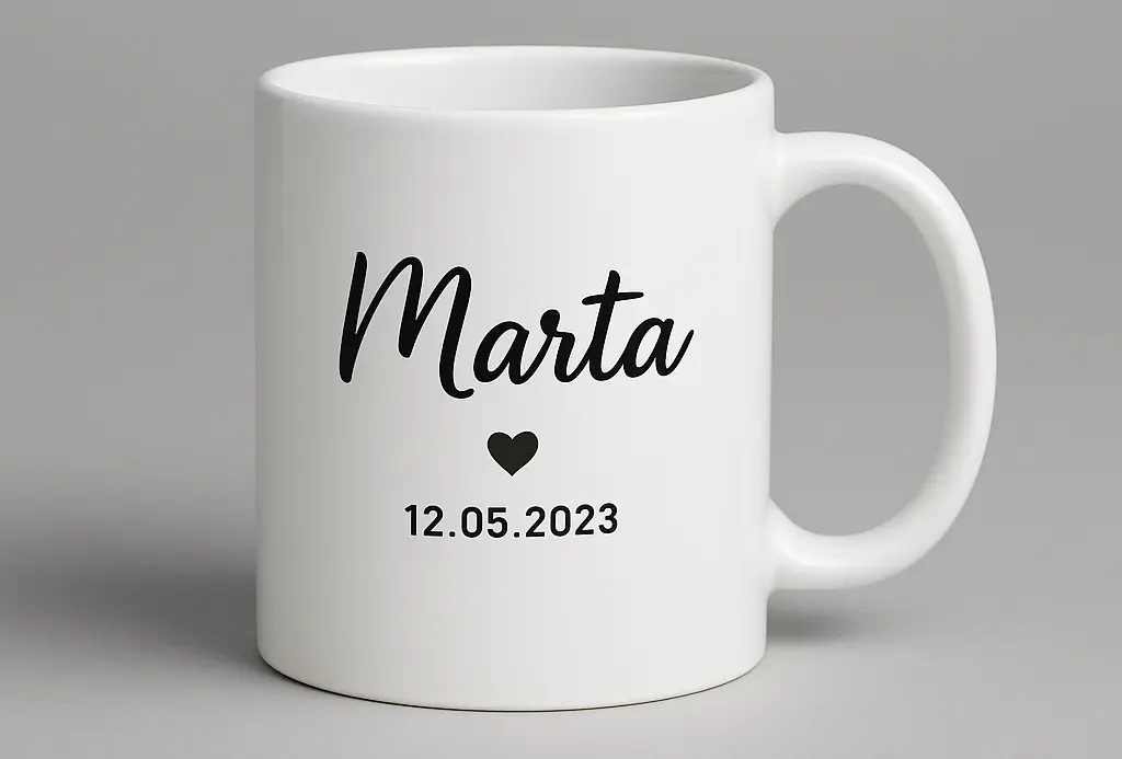 Minimalistyczny kubek z własnym nadrukiem — imię Marta, serce i data 12.05.2023 na białym kubku.