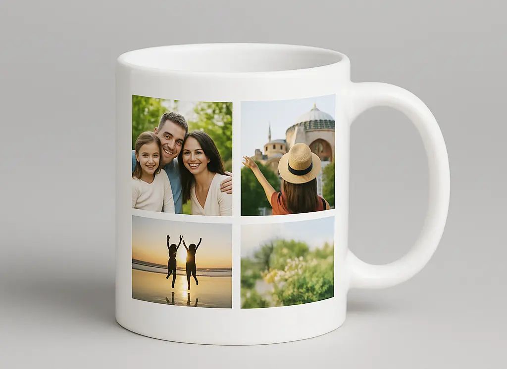 Kubek ze zdjęciem — kolaż czterech fotografii z cienkimi ramkami